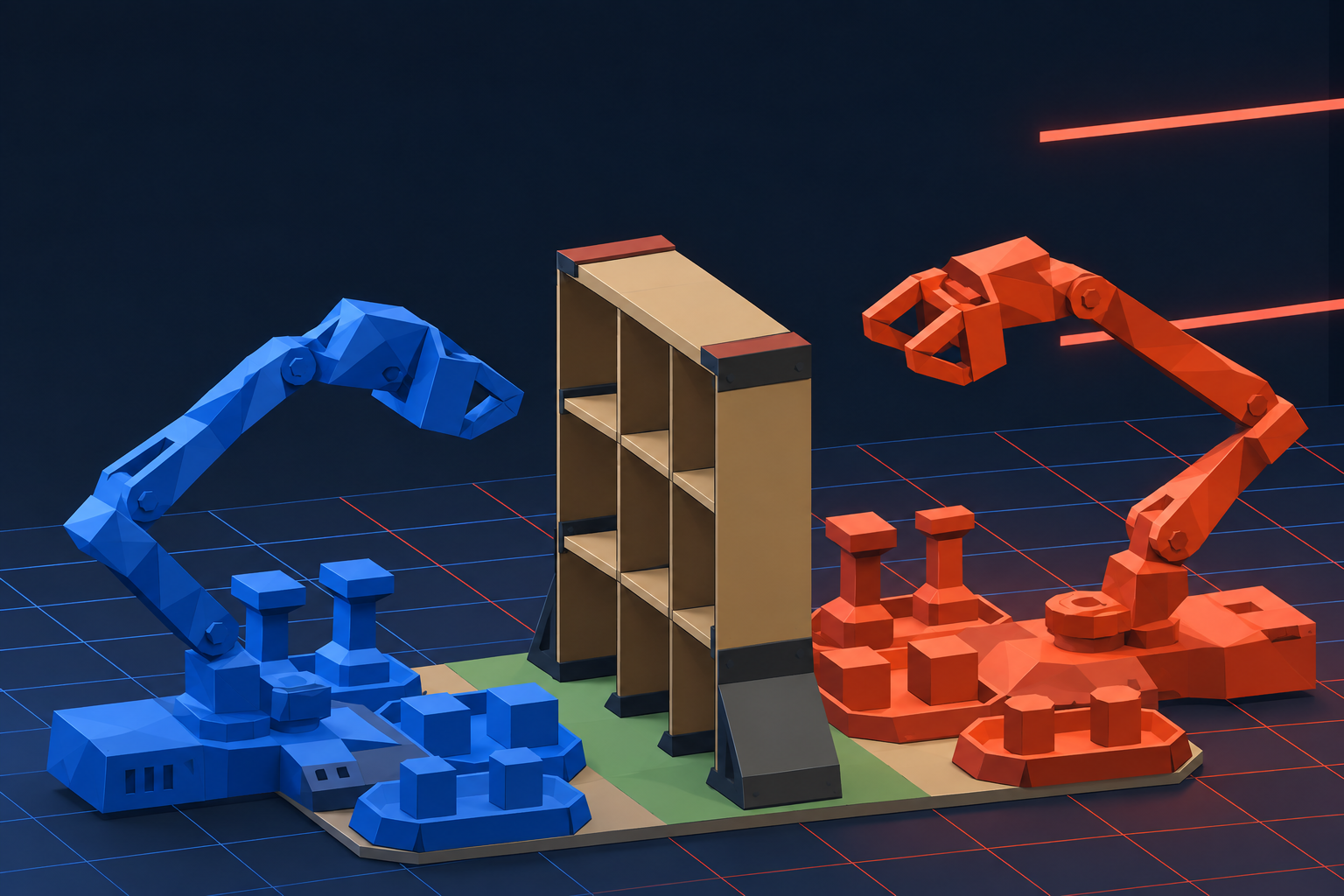 ROBOARM Contest 2026/27 competition field with blue and red robotic arms